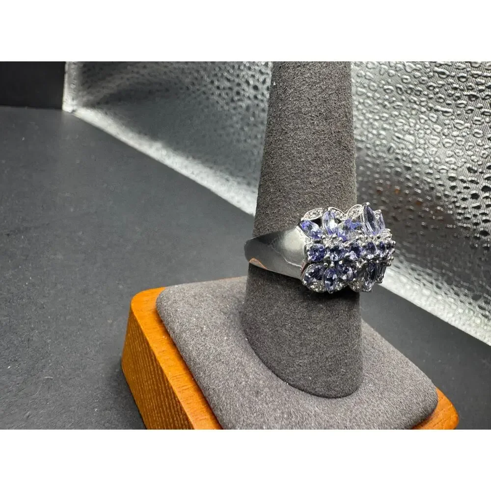 DV Signed 925 Sterling Silver Tanzanite & White Topaz Cocktail Ring Size 9.75